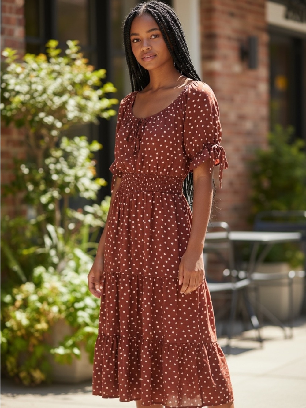 Smocked Brown Polka Dot Maxi Dress with Puff Sleeves